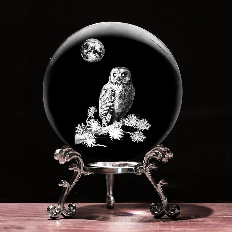 PYJ3DLAMP 3D Owl Crystal Ball with Stand Lase Engraved Glass Sphere Paperweight Owl Decor Gift - Image 1